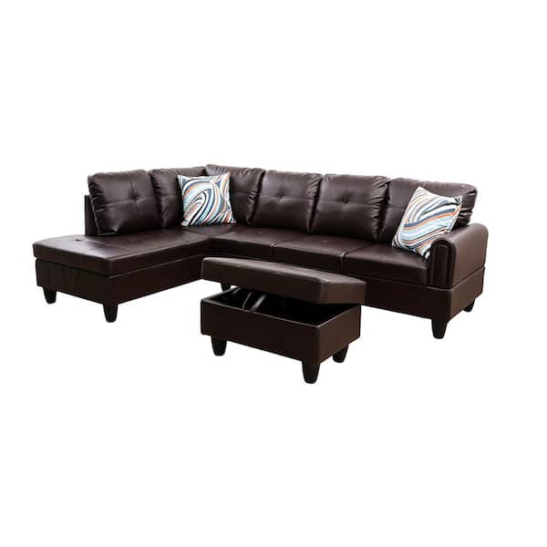 Star Home Living 25 in. Round Arm 3-Piece Leather L-Shaped Sectional Sofa in Brown