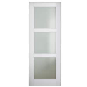 32 in. x 80 in. 3-Lite Frosted Glass Left Handed White Solid Core MDF Prehung Door with Quick Assemble Jamb Kit