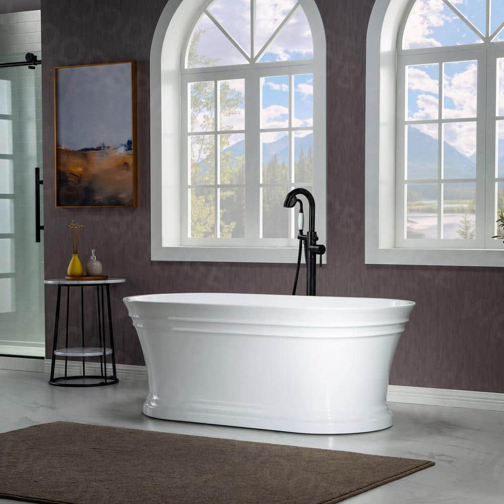 67" White Acrylic Freestanding Soaking Bathtub with Matte Black Trim