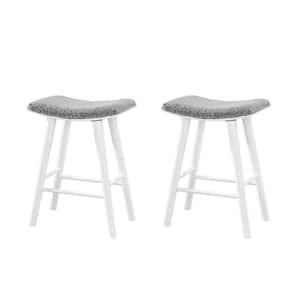 Luna 24 in. White Backless Wood Saddle Counter Stools with Gray Boucle Fabric Seat (Set of 2)