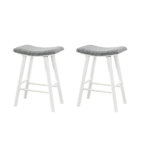 LuXeo Luna 24 in. White Backless Wood Saddle Counter Stools with Gray Boucle Fabric Seat (Set of 2)