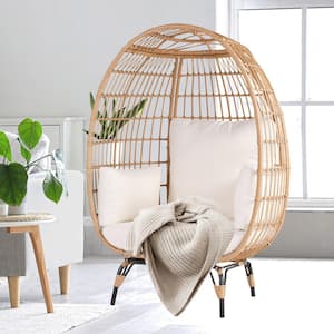 Wicker Egg Chair with 4 Beige Cushions, Steel Frame, Outdoor Indoor Oversized Lounger