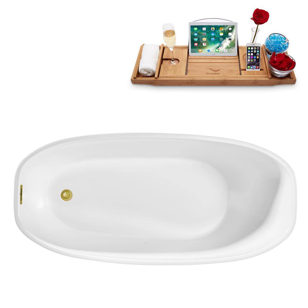63" Glossy White Acrylic Freestanding Slipper Bathtub with Polished Gold Trim