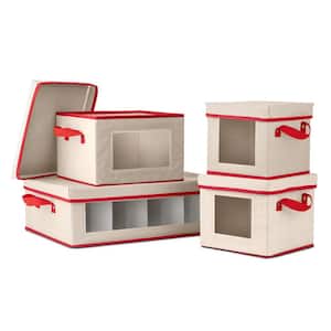 67 Qt. Ivory and Red Non-Woven Plate and Mug Storage Boxes with Lid and Window (4-Pack)