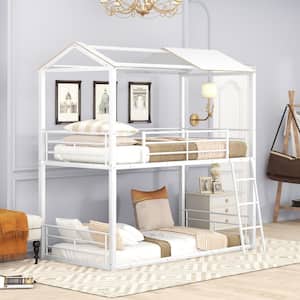 White Twin Over Twin Bunk Bed Metal Bed with Half Roof, Guardrail and Ladder