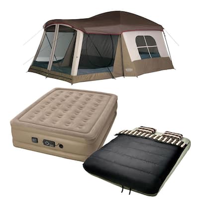 Klondike 8 Person Camping Tent with Queen Air Mattress and Bedding Set