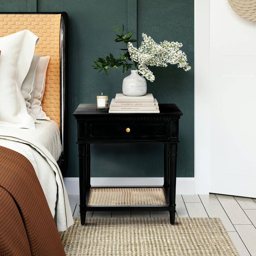 Black Wood End Table with Cane Shelf and Storage