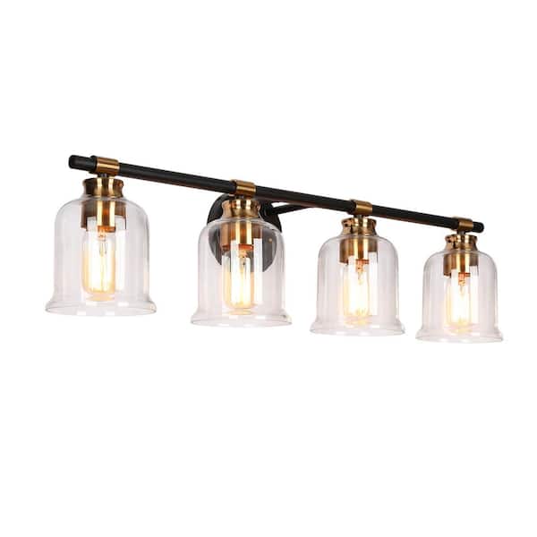 LNC Modern 32.3 in. Black and Plated Brass 4-Light Bath Vanity Light with Classic Bell Clear Glass Shades, LED Compatible