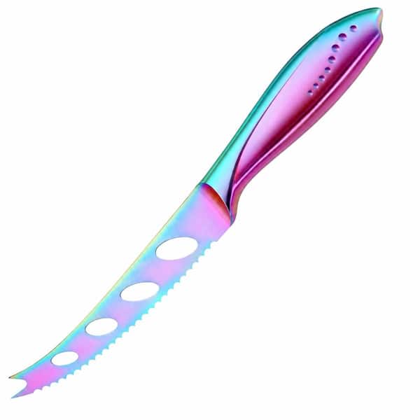 5 in. Rainbow Titanium Coated Serrated Cheese and Tomato Knife with Cut-Out German Stainless Steel Blade, HRC56