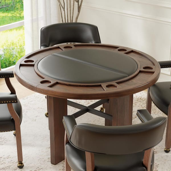 Georgio 5-Piece Round Walnut Finish with Black Faux Leather Insert in Top-Dining and Poker Set