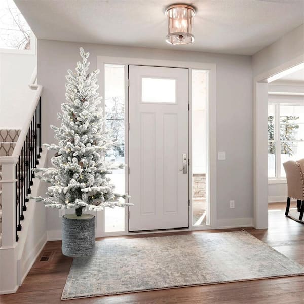 Entryway 4.5 ft. Flocked Christmas Tree with Pot Base and 150-Warm