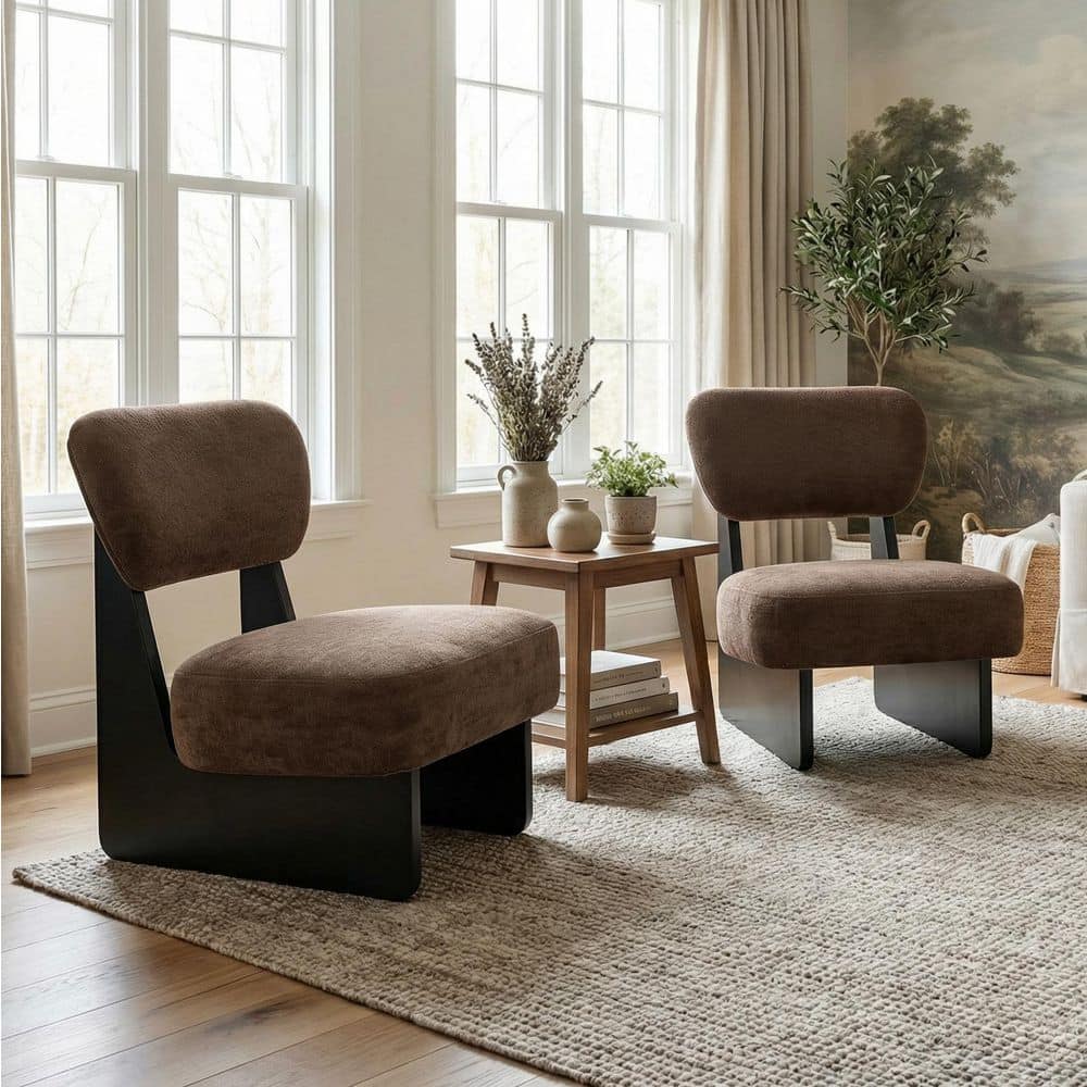 Flexiform Modern Upholstered Lounge Chair, Wood Base, Black + Brown, Set of 2