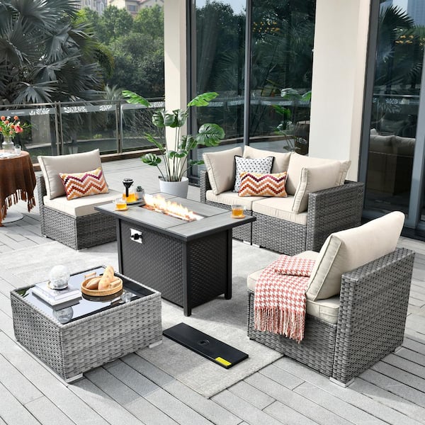 Sanibel Gray 6-Piece Wicker Outdoor Patio Conversation Sofa Sectional Set with a Metal Fire Pit and Beige Cushions