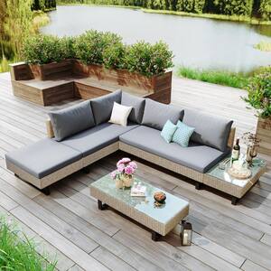 Beige Wicker Outdoor Sectional Set L-shaped Corner Sofa with Two Glass Table and Gray Cushions