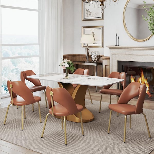 Magic Home Orange PU Leather Dining Chairs with Gold Stainless Steel Legs (Set of 6)