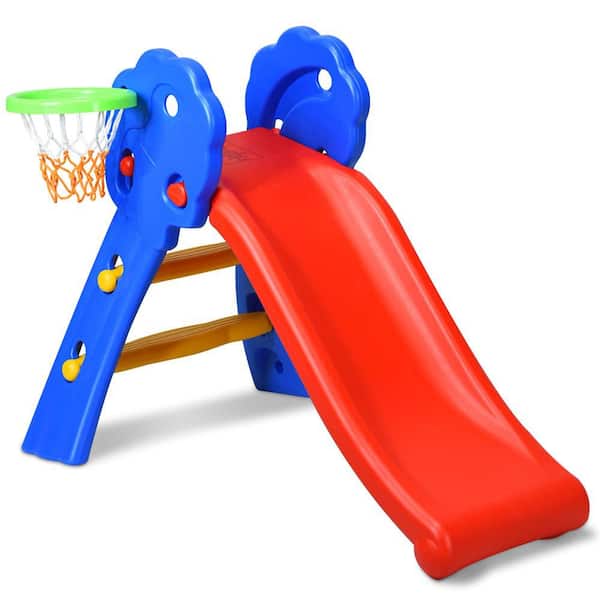 3.54 ft Multicolor Children Kids Toddlers Folding Slide with Basketball Hoop