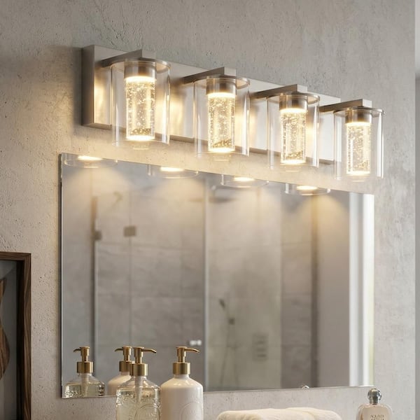 24 in. 4-Light Brushed Nickel Integrated LED Bathroom Vanity Light Fixture Dimmable with White/Neutral/Warm Light