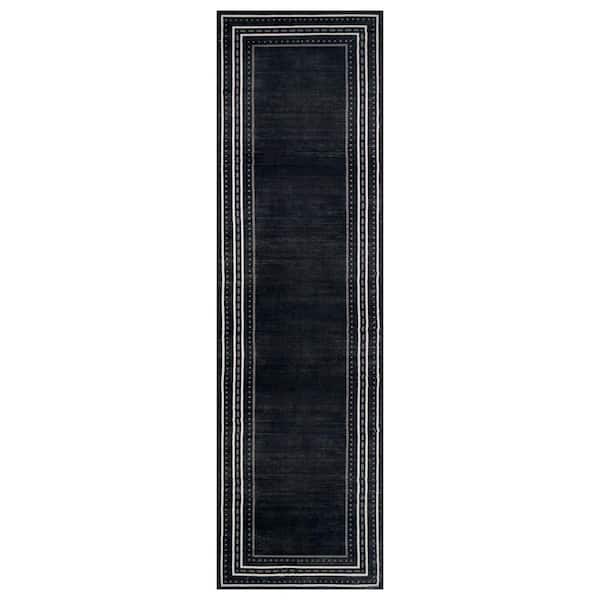 Dotted Border Black Machine Washable Non-Slip Backing Area Rug 2' x 12' Black