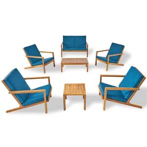 Leah Brown Patina 7-Piece Wood Patio Conversation Seating Set with Dark Teal Cushions