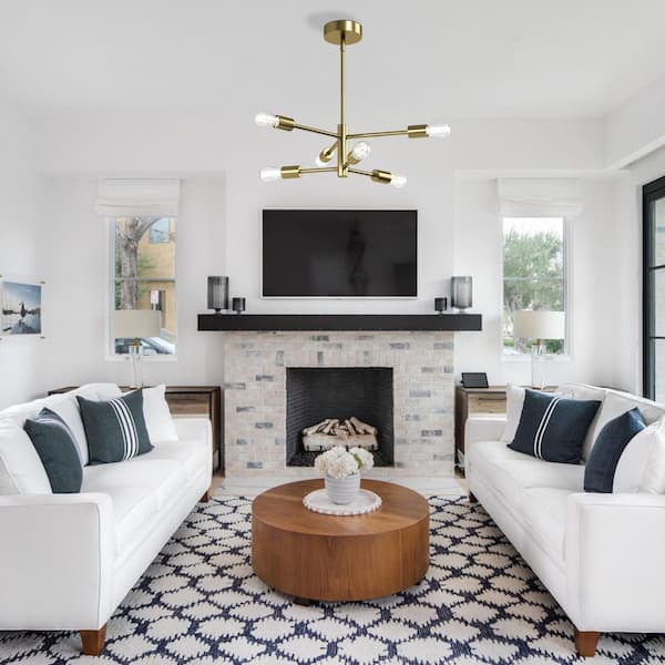 6-Light 22 in. Brass Modern Linear Dimmable Chandeliers Dining Room Kitchen Ceiling Lights Foyer Bedroom Lighting