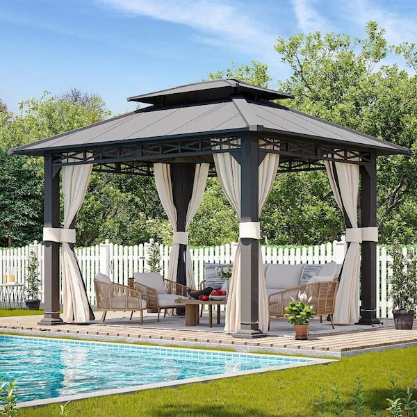 10 ft. x 12 ft. Double Roof Hardtop Gazebo with Netting and Curtains