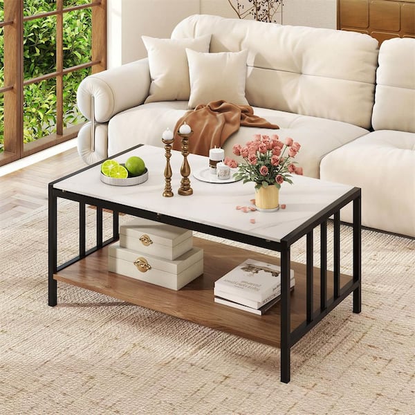 Costway 34 in. 2-Tier White Rectangular Coffee Table with Rock