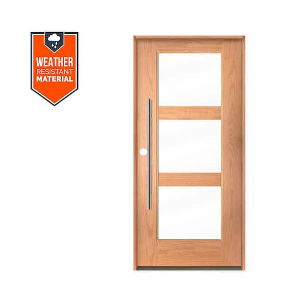 Modern Faux Pivot 36 in. x 79 in. 3-Lite Right-Hand/Inswing Clear Glass Teak Stain Fiberglass Prehung Front Door