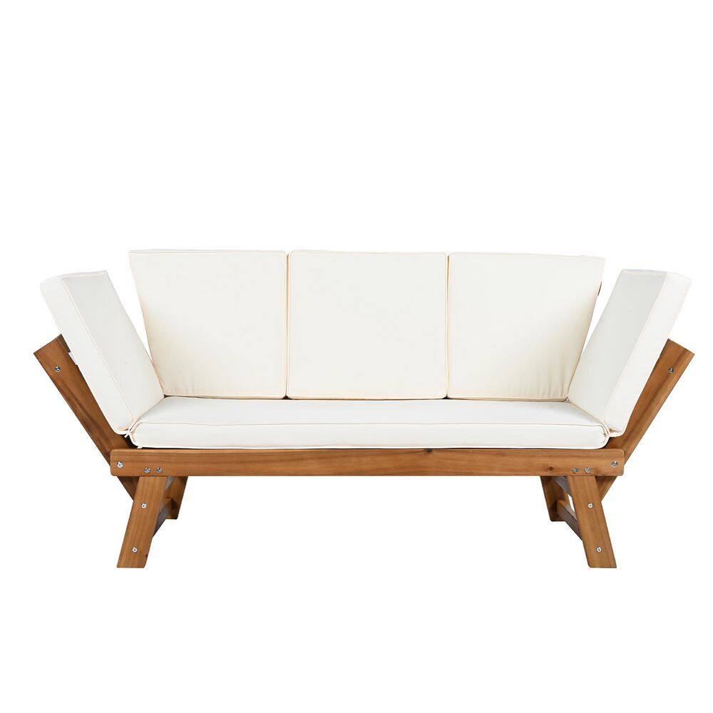 Natural Acacia Wood Outdoor Chaise Lounge with Beige Cushions for Small Pla