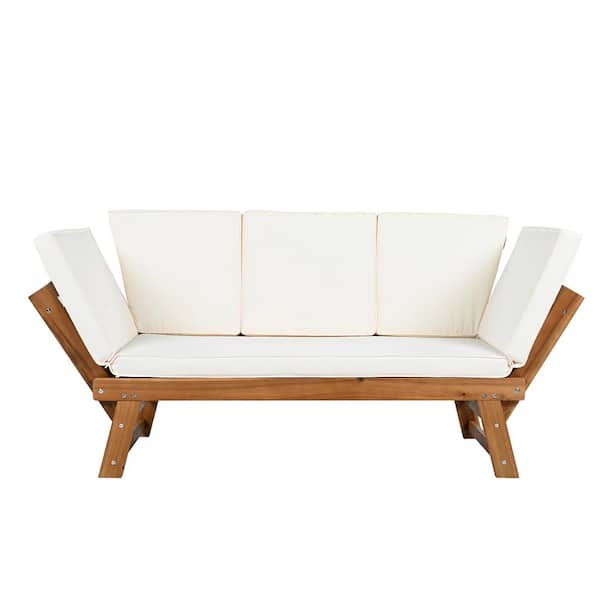 Unbranded Natural Acacia Wood Outdoor Chaise Lounge with Beige Cushions for Small Places