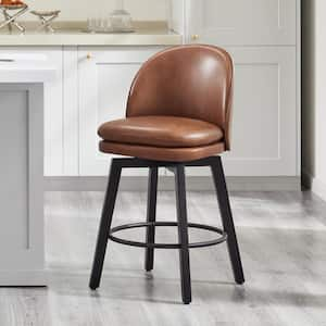 Cyprian 26 in. Brown Low Back Swivel Counter Height Bar Stool with Leather Seat and Wood Frame