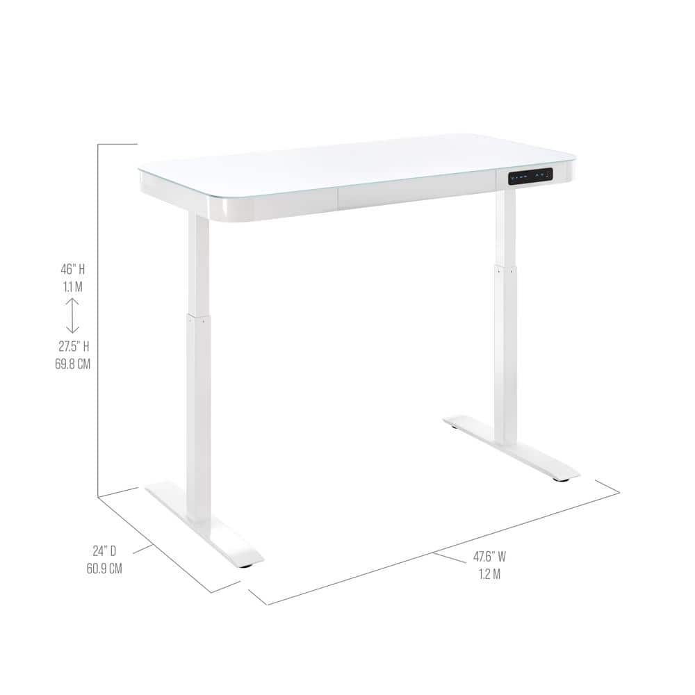 White Adjustable Height Glass Standing Desk with USB Ports and Drawer