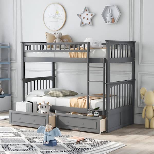 Qualler Gray Twin over Twin Convertible Bunk Bed with Drawers
