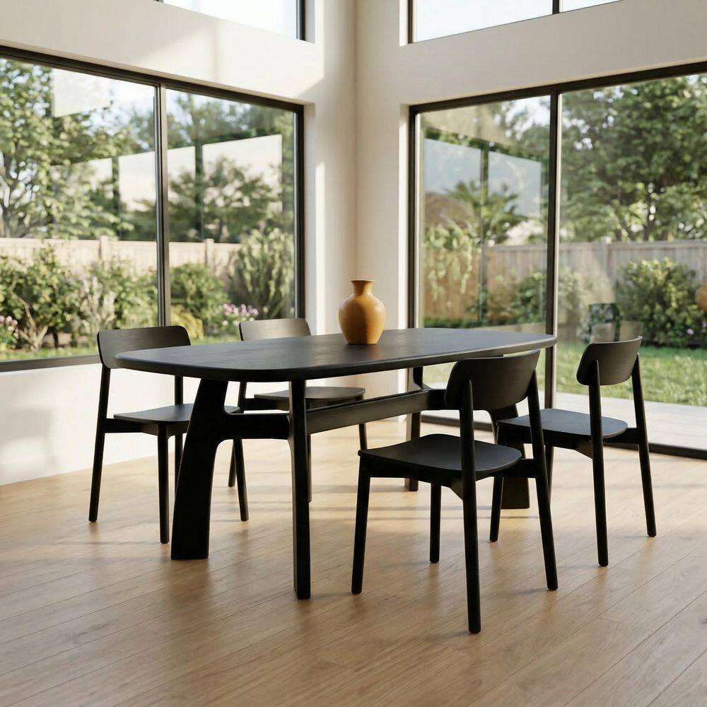 Roesler Modern Black Solid Fir Wood 63 in. 4 Legs Base Dining Table for 8 with H-Shaped Flared Legs