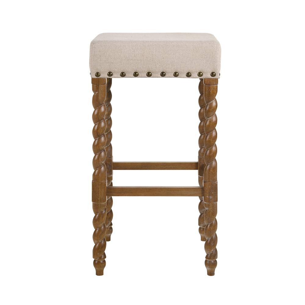 Remick Natural Oak & Linen 30" Rustic Bar Stool with Brass Nailhead Trim