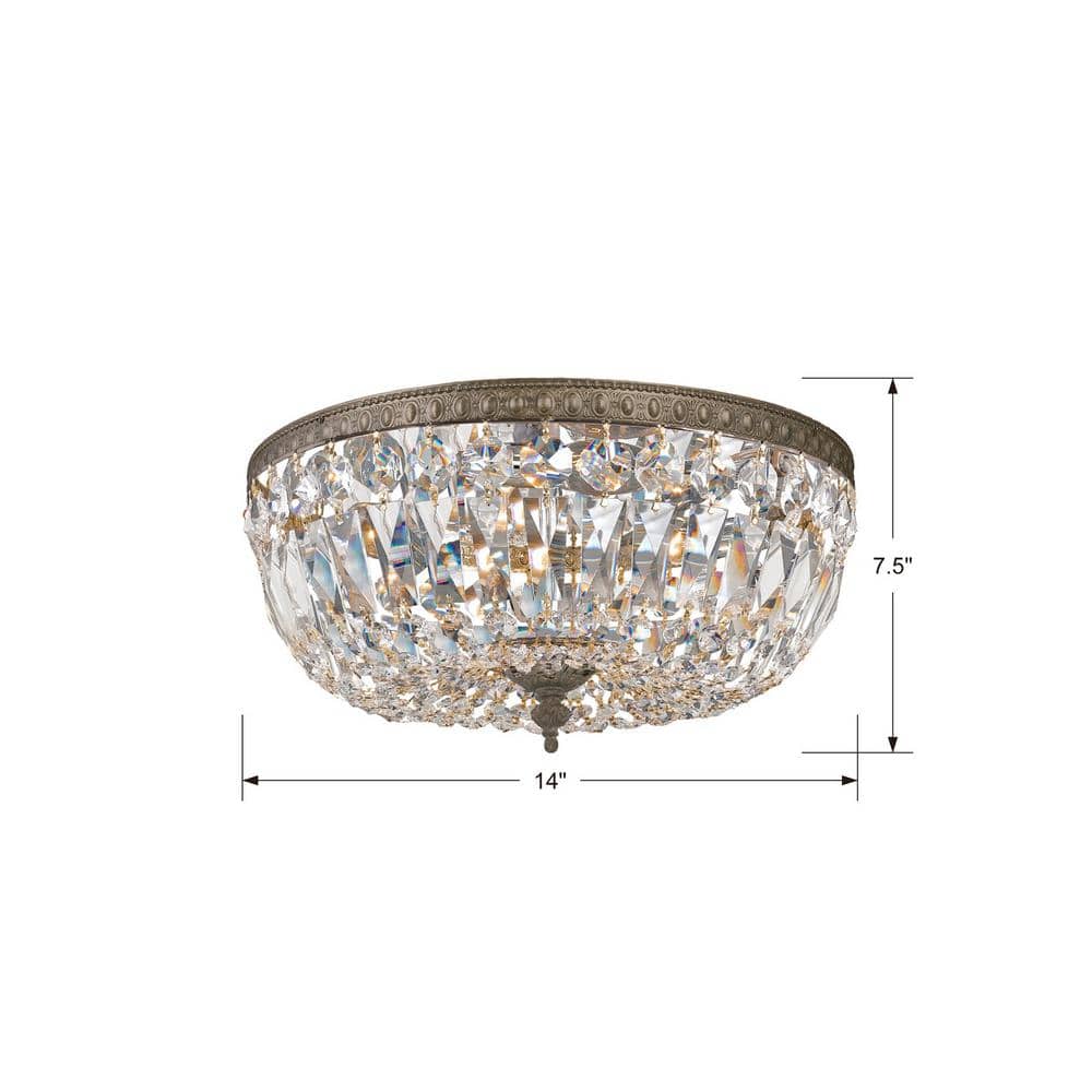 English Bronze and Crystal 3-Light Flush Mount Ceiling Fixture