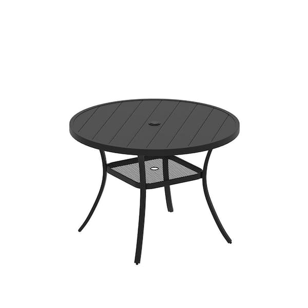 41.7 in. Round Metal Outdoor Dining Table, Patio Table with Umbrella Hole and Storage Shelf for Garden Backyard, Black