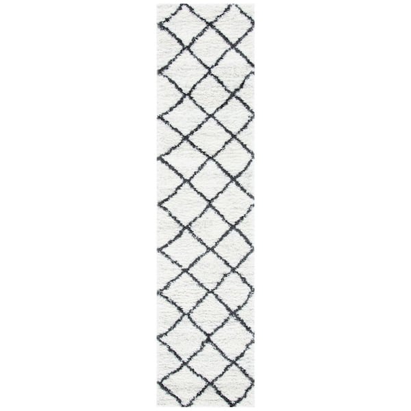 August Shag 2 ft. x 9 ft. Ivory/Black Geometric Diamond Runner Rug