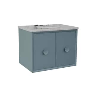 Stora 31 in. W x 22 in. D Wall Mount Bath Vanity in Aqua Blue with Marble Vanity Top in White with White Oval Basin
