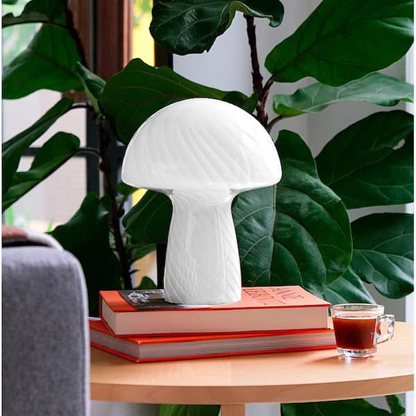 9 in. White Stripes Glass Mushroom Bedside Table Lamp