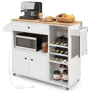 White Wood Kitchen Cart with Drop-Leaf & Power Outlet Microwave Shelf Wine Rack Drawer