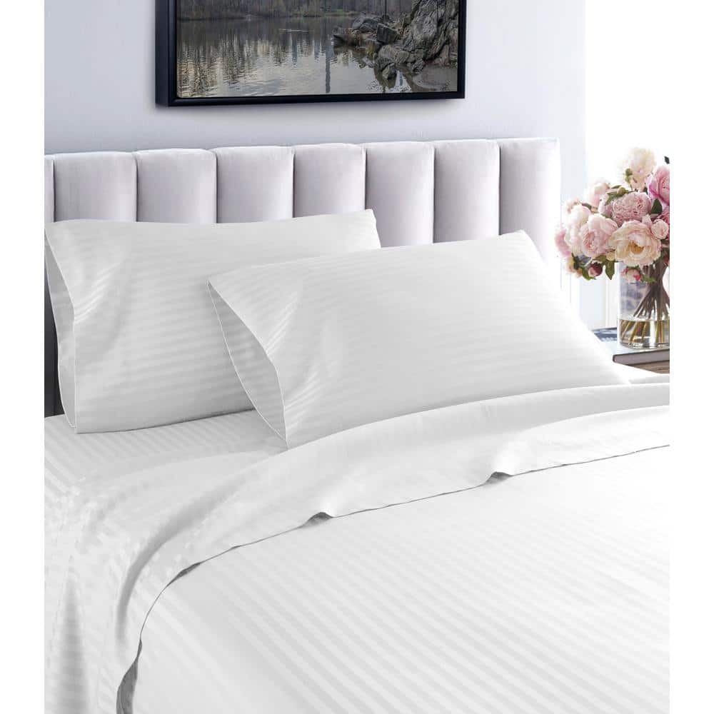 Fresh Home 3-Piece White Striped 100% Cotton Twin Extra Long Deep Pocket Sh
