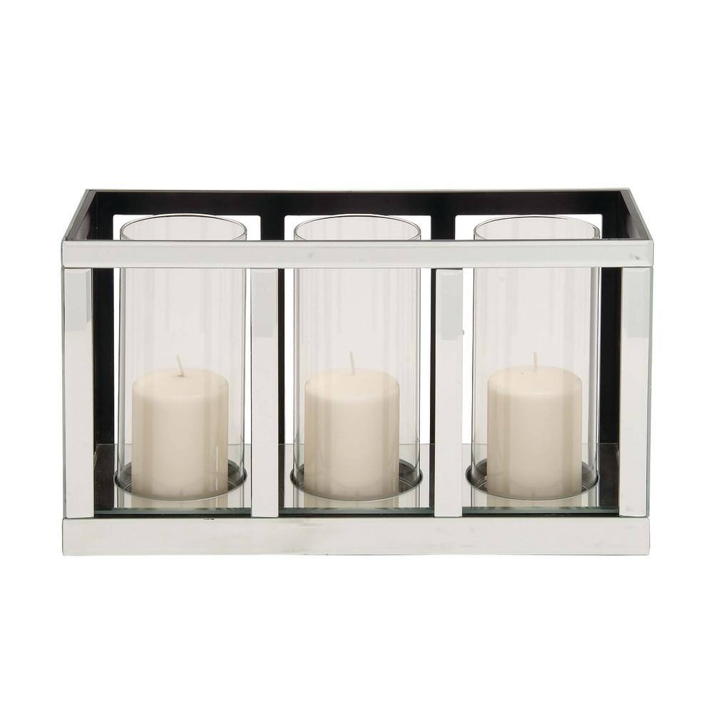 Elegant Mirrored Glass 3-Pillar Candle Lantern in Silver - 18"x10"
