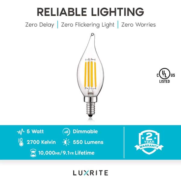 60-Watt Equivalent CA11 Dimmable LED Light Bulbs Flame Tip Clear Glass Filament 2700K Warm White (6-Pack)