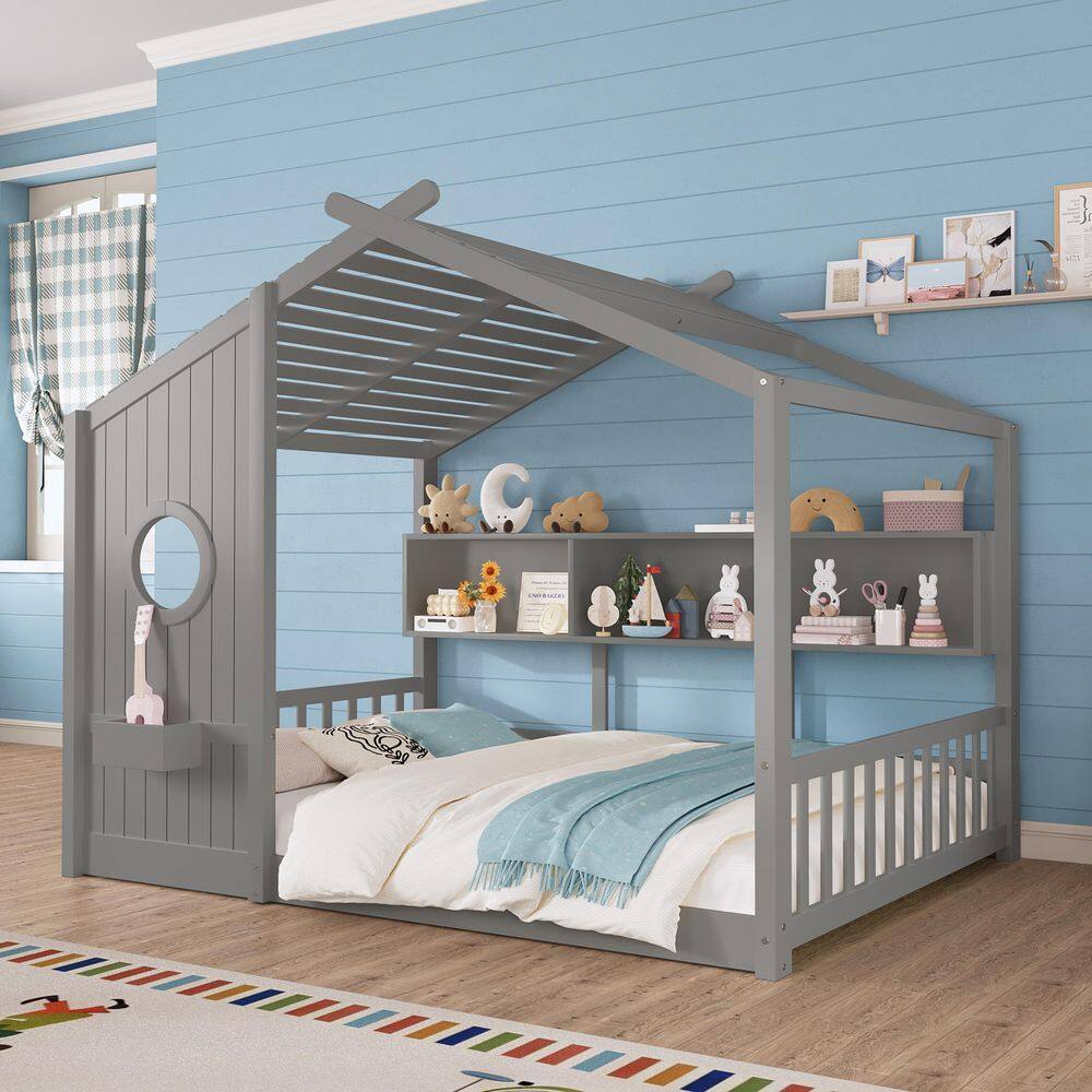 Gray Full Size Floor House Bed with Roof Design and Storage Shelf price history on PriceWatchPro