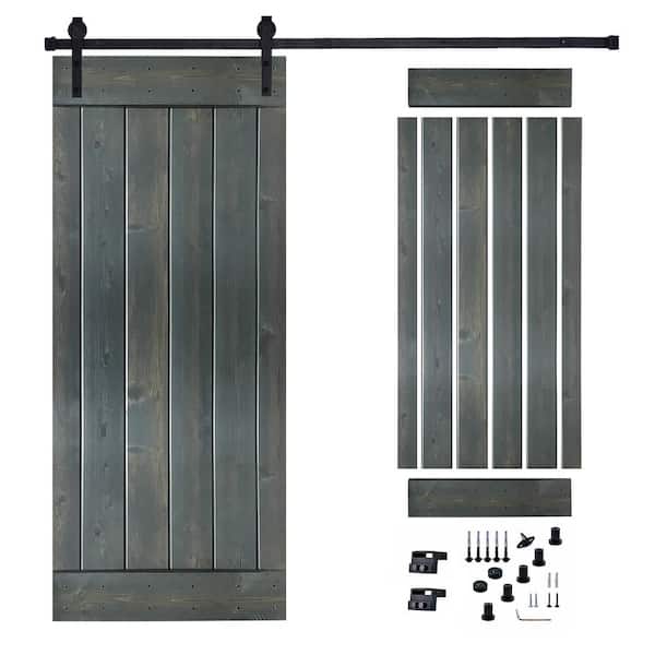 Akicon 30 in. x 84 in. Grey Painted Wood Sliding Door with Hardware Kit, Pre-Drilled Ready to Assemble