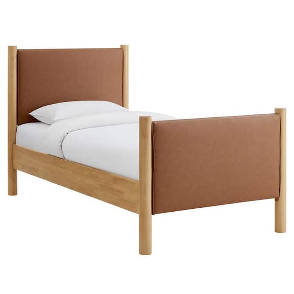 MODWAY Maven Brown Wood Frame Twin Platform Bed with Faux Leather Upholstered Headboard and Footboard