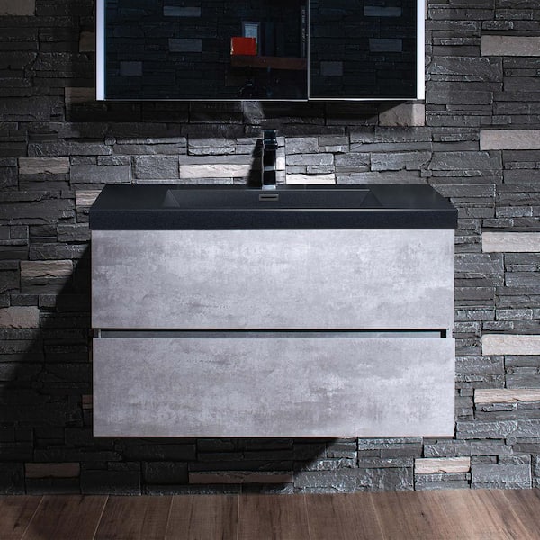 CA 35.38 in. W x 19.63 in. D x 22.5 in. H Single Sink Floating Bath Vanity in Gray with Black Quartz Top