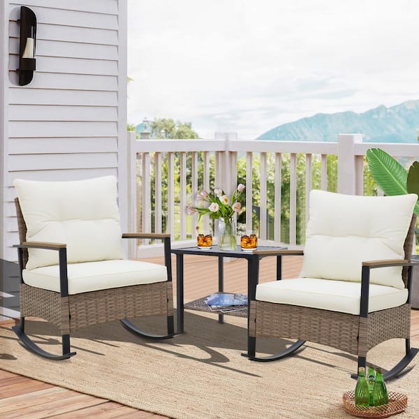 EAGLE PEAK 3-Piece Outdoor Rattan Patio Conversation Sectional Seating Set with Beige Cushions