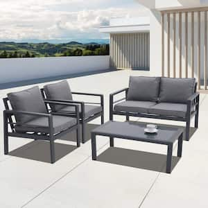 4-Piece Grey Metal Patio Conversation Set with Removable Gray Cushions and Tempered Glass Coffee Table