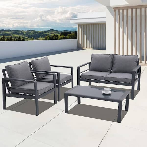 Tenleaf 4-Piece Grey Metal Patio Conversation Set with Removable Gray Cushions and Tempered Glass Coffee Table